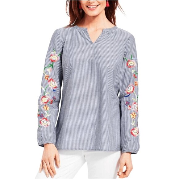 Talbots Embroidered Stripe Popover Shirt Sz L - Picture 1 of 11